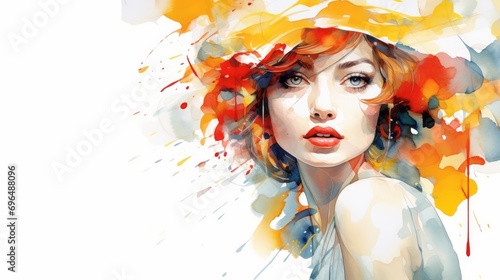 Young woman with an elegant hat of colorful flowers on a white background in watercolor style