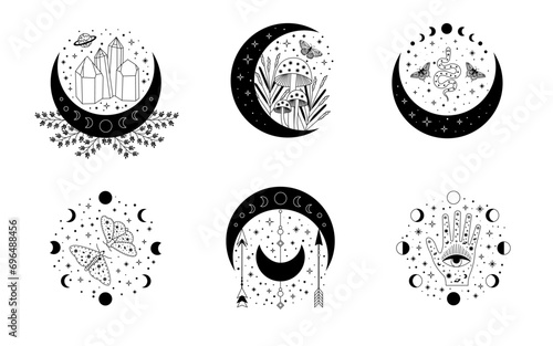 Celestial mystical moon collections. Magic and esotericl vector illustrations.