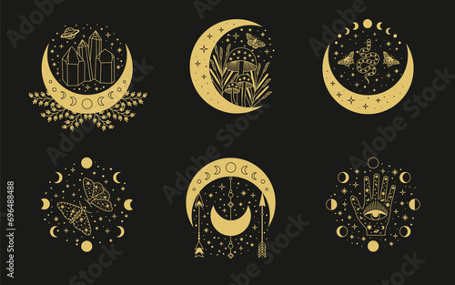 Celestial mystical moon collections. Magic and esotericl vector illustrations.