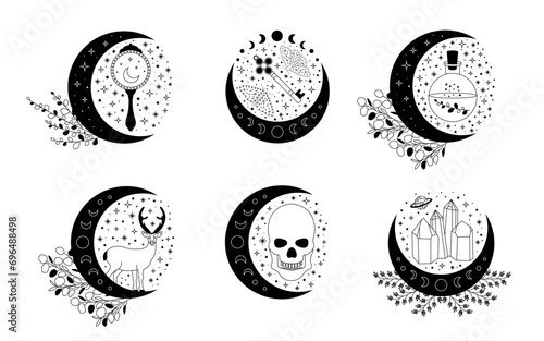 Celestial mystical moon collections. Magic and esotericl vector illustrations.
