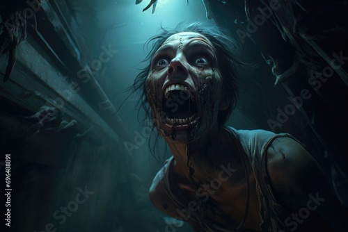 Scary zombie in the dark room. Horror Halloween concept.