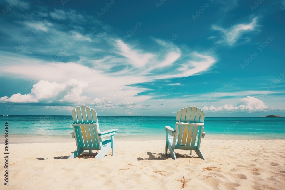 Beach chairs on tropical beach with turquoise water and blue sky, Beautiful beach, Chairs on the sandy beach near the sea, Summer holiday and vacation concept for tourism, AI Generated