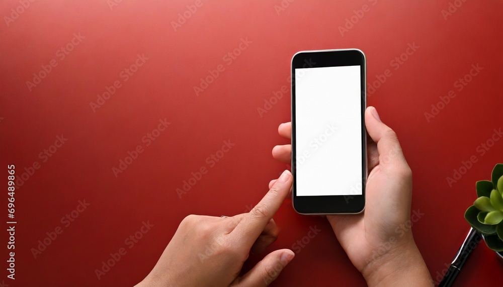 Hand using smartphone with blank screen, isolated on red background. Hand using smartphone with blank screen, isolated on red background.
