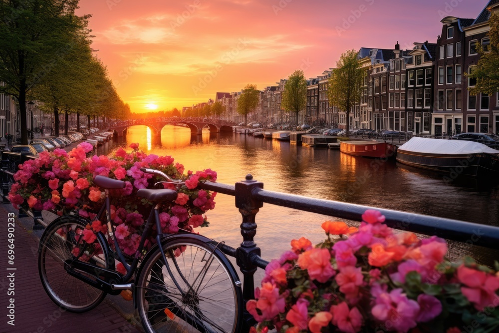 Amsterdam canals with bicycles and flowers at sunset. Holland, Beautiful sunrise over Amsterdam, The Netherlands, with flowers and bicycles on the bridge in spring, AI Generated - obrazy, fototapety, plakaty 