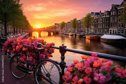 Amsterdam canals with bicycles and flowers at sunset. Holland, Beautiful sunrise over Amsterdam, The Netherlands, with flowers and bicycles on the bridge in spring, AI Generated