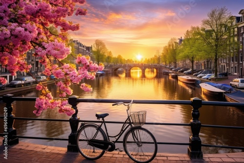 Bicycle in Amsterdam, Netherlands. Beautiful spring landscape in Holland, Beautiful sunrise over Amsterdam, The Netherlands, with flowers and bicycles on the bridge in spring, AI Generated photo