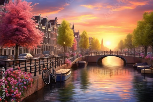 Amsterdam cityscape with bridge and flowers at sunset, Holland, Beautiful sunrise over Amsterdam, The Netherlands, with flowers and bicycles on the bridge in spring, AI Generated