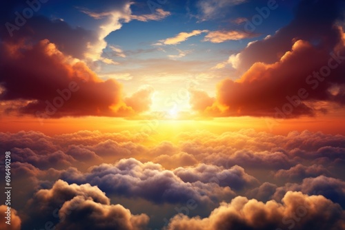 Beautiful aerial view above clouds at sunset. 3d render illustration, Beautiful sunset in the sky with clouds and the sun, AI Generated