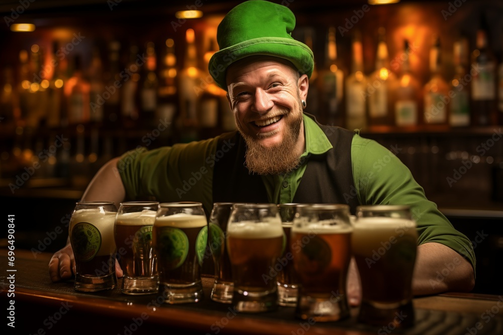 A happy bartender in a green hat with mugs of beer or ale, the king of the bar on St. Patrick's Day.