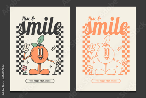 retro 70s posters with an orange fruit cartoon character, vector illustration