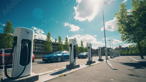 Several electric recharging points with blue sky summer day with several office buildings in the background photo