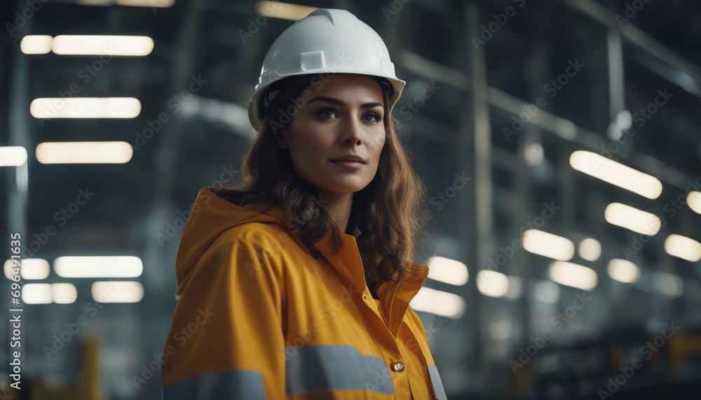 A woman wearing hard hat and protective jacket stands in the electric wires of a power station working A woman wearing hard hat and protective jacket stands in the electric wires of a power station working