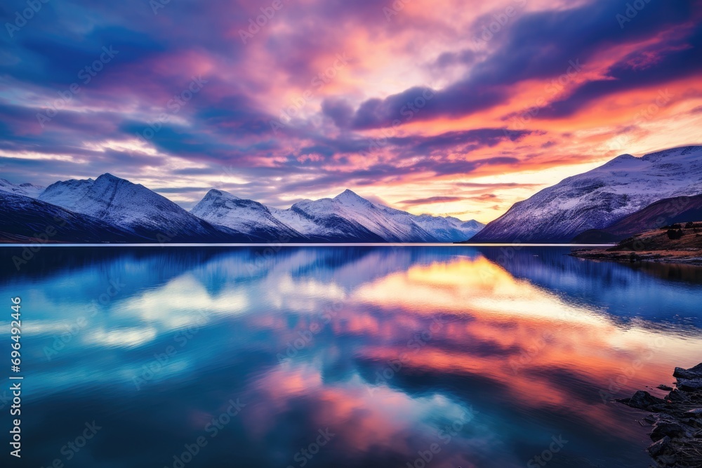 Mountain lake at sunset, Scotland, United Kingdom. Long exposure, Rear view of a mountain guide leading a group of hikers, AI Generated