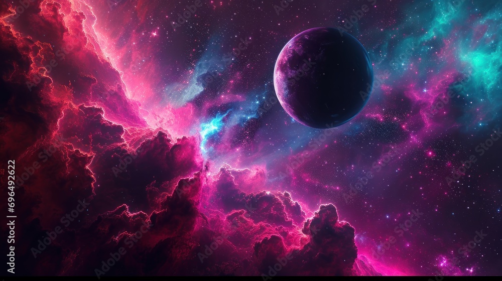 Obraz premium Enigmatic Cosmos: A vivid portrayal of space with radiant neon colors, evoking a sense of mystery and wonder.