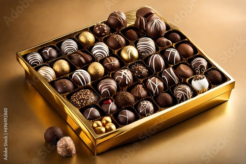 An upscale chocolate shop display featuring an assortment of handcrafted truffles, neatly arranged in a gold-accented box.