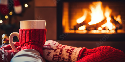 Feet in woolen socks by the Christmas fireplace. Woman relaxes by warm fire with a cup of hot drink and warming up her feet in woolen socks Close up on feet Winter and Christmas holidays concept.