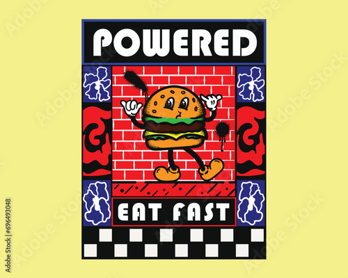 Groovy funky vector burger mascot illustration cartoon style, retro and trendy graphic design for fashion wear, street wear, clothing line, apparel and urban style t shirt design, hoodies, etc. photo