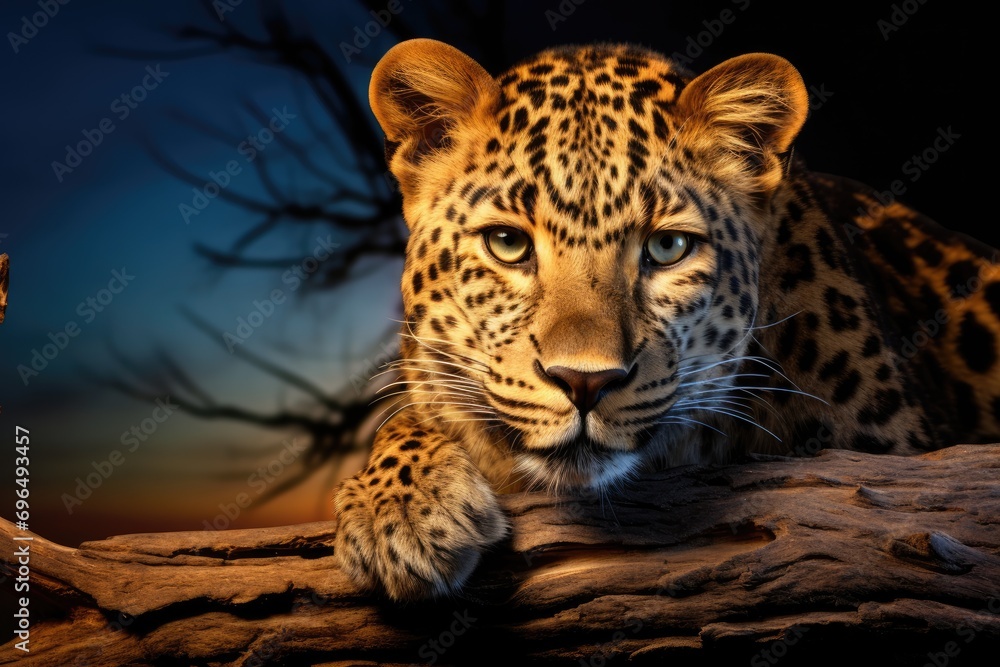 Obraz premium Leopard lying on a log and looking at the camera at sunset, African leopard Panthera pardus illuminated by beautiful light, a female, resting on a dead tree, staring, AI Generated
