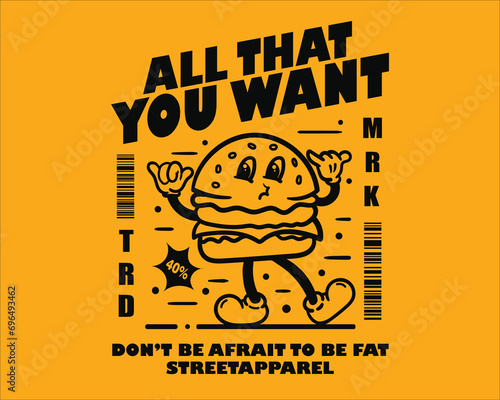 Groovy funky vector burger mascot illustration cartoon style, retro and trendy graphic design for fashion wear, street wear, clothing line, apparel and urban style t shirt design, hoodies, etc.