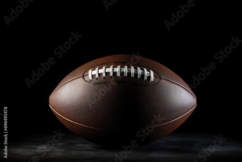 American football ball isolated on black background. 3d render illustration, American football ball close up on a black background, AI Generated