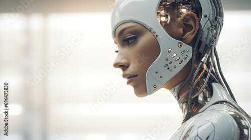 Beautiful femal android robot in white shell armor. Futuristic concept for artificial intelligence avatar. A woman cyborg robotics android as teen girl robotics aspect. White lucid shell bionic face