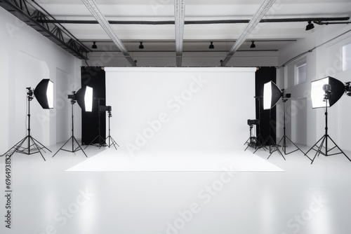 Photo studio with professional equipment and lighting equipment. Horizontal view  An empty modern photo studio ready for use  AI Generated