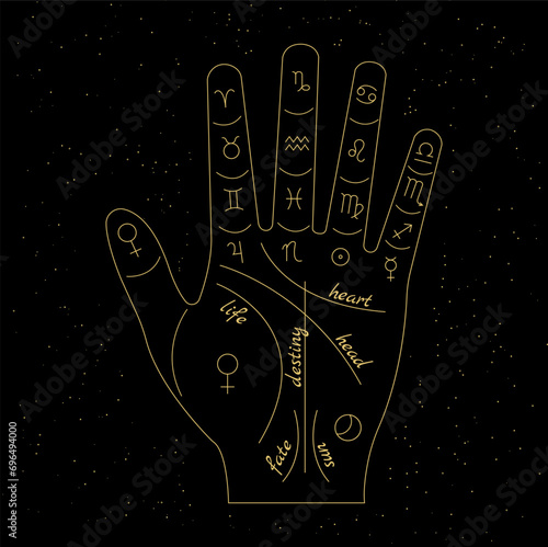 Palmistry and hieromancy. Hand lines and their meanings. Celestial and mystical astrology. Magical vector illustration.