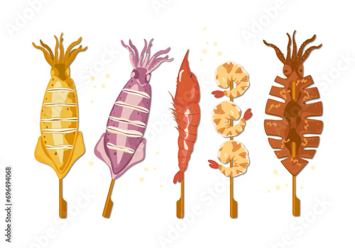 Illustration set of street food, grilled squid, and grilled shrimp on various skewers. Isolated on a perfect white background. cute cartoon For wallpaper or design elements Easy to edit.