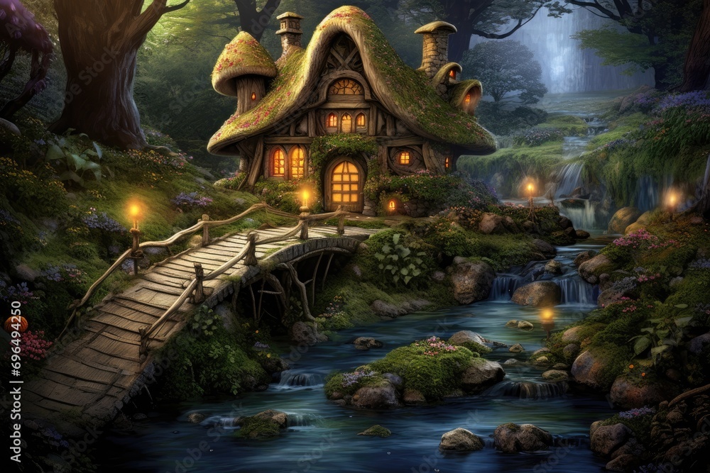 Fantasy landscape with wooden house in the forest. 3D rendering, Artistic depiction of a fairy house by the river with a wooden bridge, AI Generated