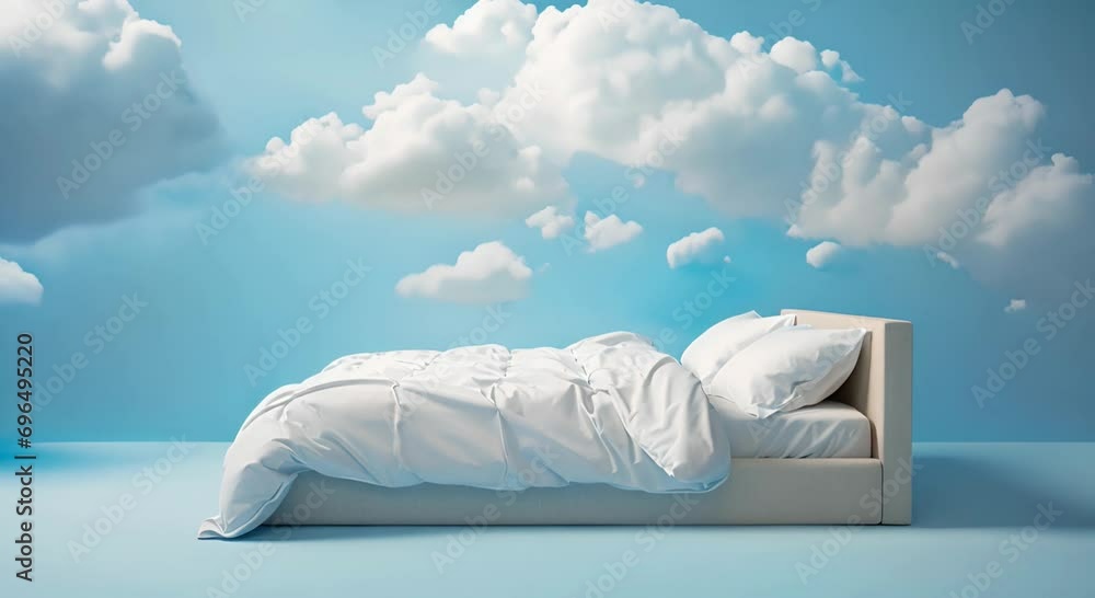 Comfortable white bed on blue background with clouds.