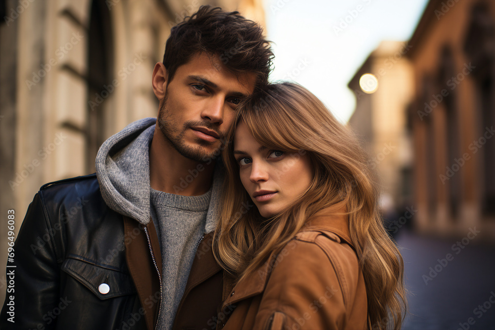 AI generated image of beautiful young cheerful couple walking in city