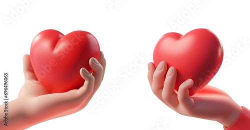Set of 3D Hand and Heart Icons in Simple Flat Design, Isolated on Transparent Background, PNG photo