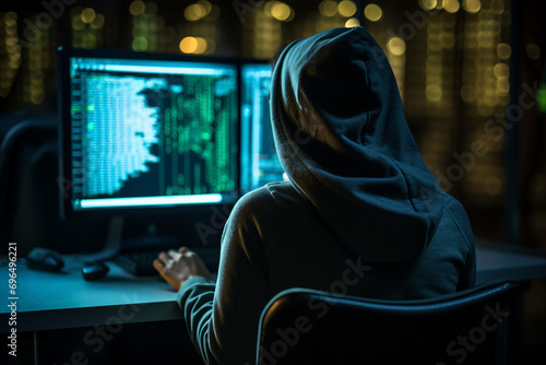 Generative AI picture of hacker criminal breaking binary code stealing data