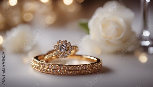 Beauty of gold ring and rose wedding celebration, jewelry with romantic flowers