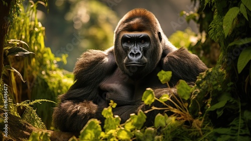 A wise and contemplative silverback gorilla in a lush jungle