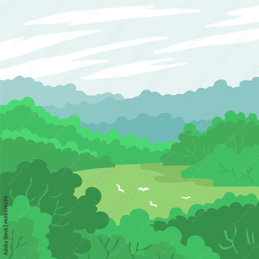 Summer landscape of nature. Panorama with green forests, meadow, hill, fields and blue sky. Rural scene. Flat vector illustration for background