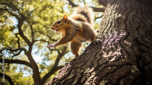 A determined squirrel scaling the trunk of a majestic oak tree © MAY