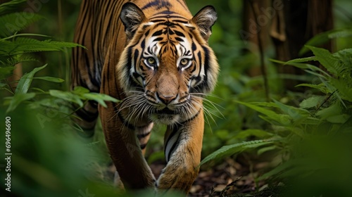 A magnificent Bengal tiger prowling through a dense jungle