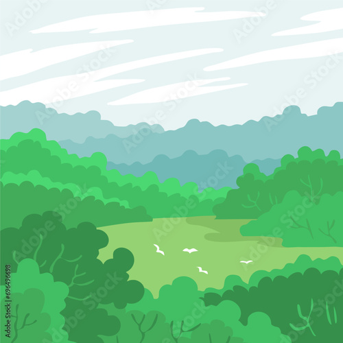 Summer landscape of nature. Panorama with green forests  meadow  hill  fields and blue sky. Rural scene. Flat vector illustration for background