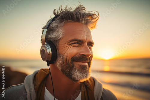 Happy man wearing headphones listening to music breathing fresh air on the street photo