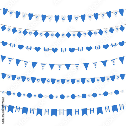 Set of israel bunting flags in vintage style on white background.