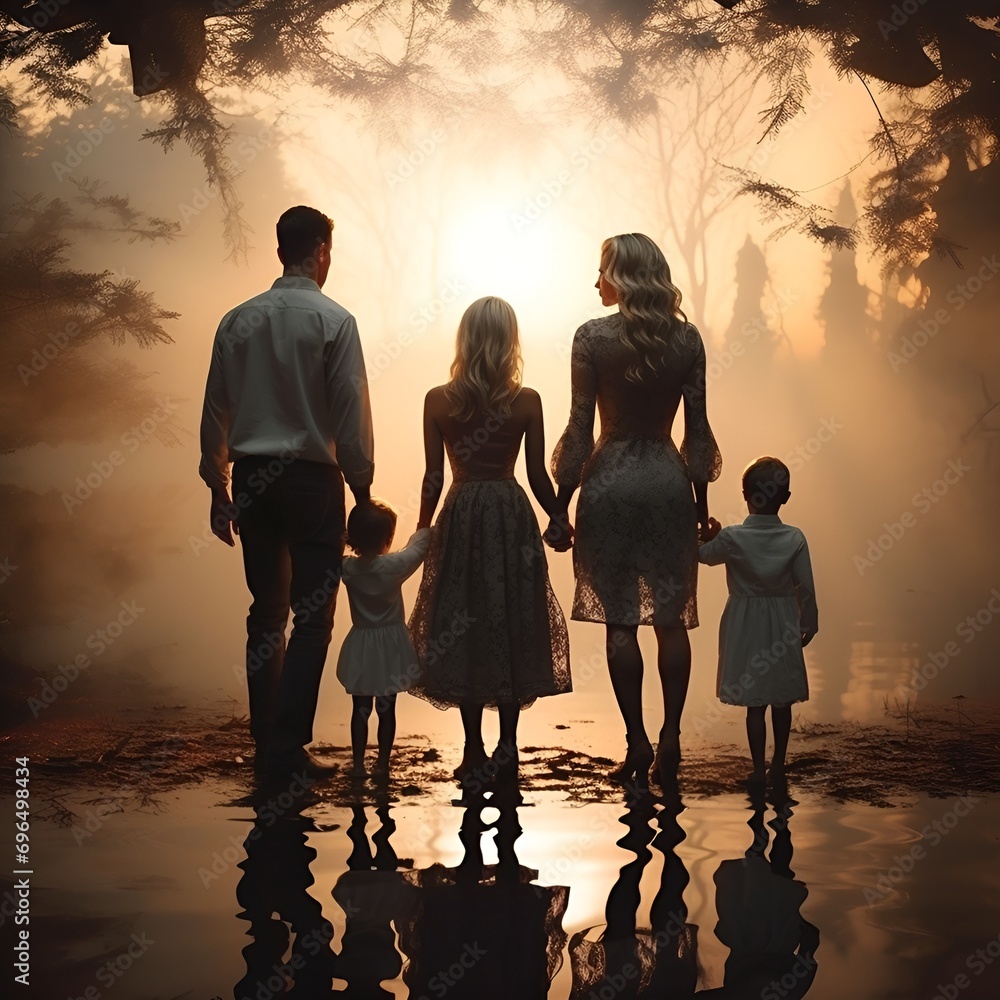 A silhouette of a beautiful and caring family walking together in nature!