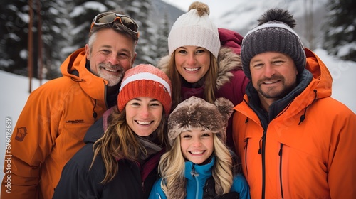 A portrait of a family of 5 posing for a picture during a winter holiday in the mountains.