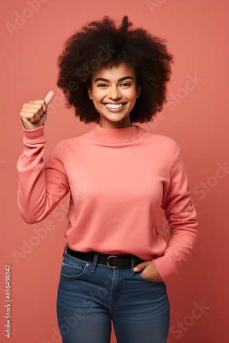 A beautiful black woman with afro hair, wearing a pink jumper and jeans, showing thumbs up with a smile