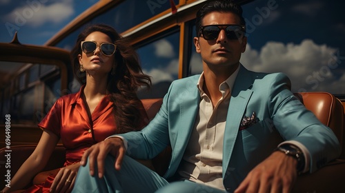 Wealthy Indian couple in sunglasses sitting on yacht and looking away while enjoying summer day against sunny blue sky.