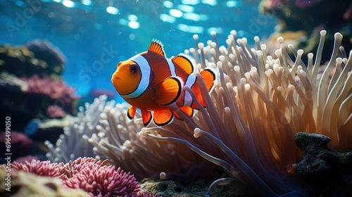 Lone clownfish surrounded by anemone tentacles in vibrant reef. © Irina
