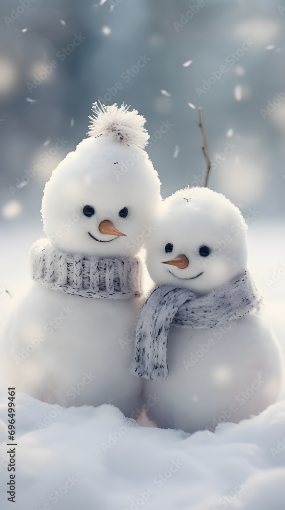 two friendly happy snowmen on the snow two friendly happy snowmen on the snow