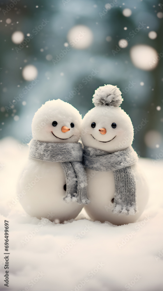 two friendly happy snowmen on the snow two friendly happy snowmen on the snow