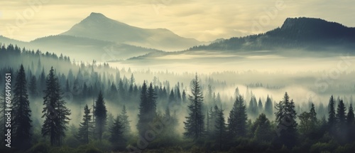 Foggy landscape with a dense spruce forest. Nostalgic and atmospheric scene © ColdFire