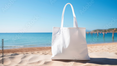 Mock-up of empty reusable rectangular canvas bag on sand. Eco-friendly shopping bag made of natural material. Layout for presentation of design or brand. Background of beach, sea blue sky. Copy space
